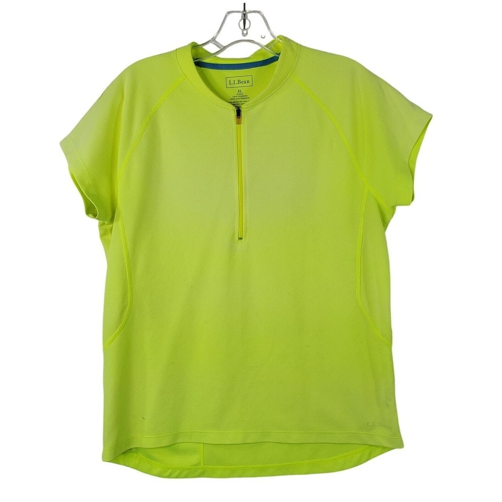 LL Bean Cycling Womens XL‎ Active T Shirt Half Zip Neon Yellow Short Sleeve Top